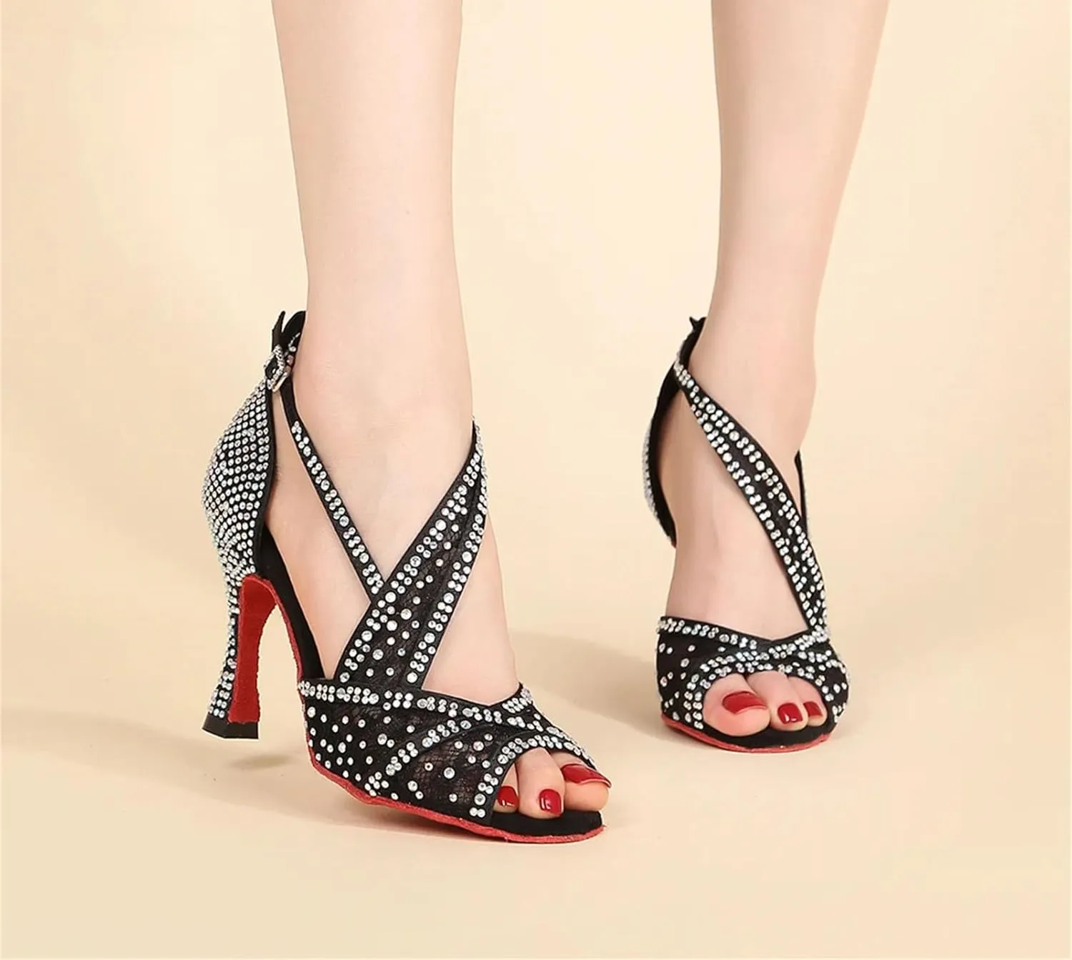 Women's Red Sole Latin Dance Shoes - Tango Ballroom Cuban Heel Wedding Sandals, 10CM/3.9Inch Heel Height