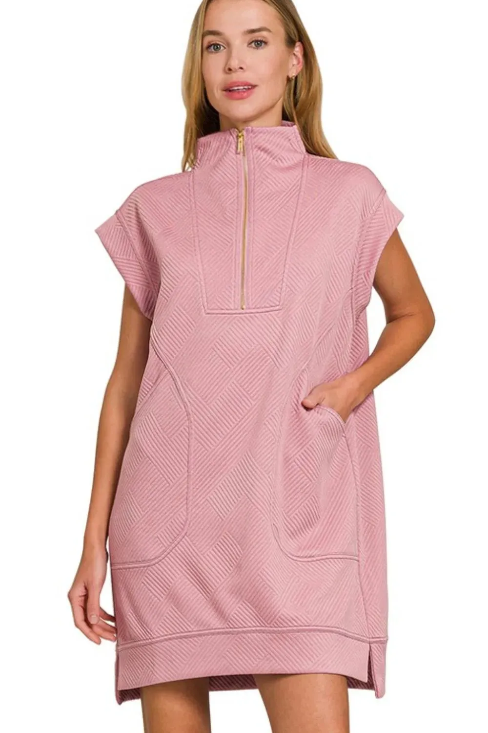 Zenana Textured Knit Jacquard Quarter Zipper Mini Dress In Lt Rose
