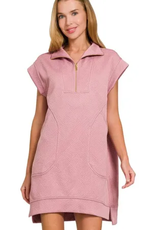 Zenana Textured Knit Jacquard Quarter Zipper Mini Dress In Lt Rose