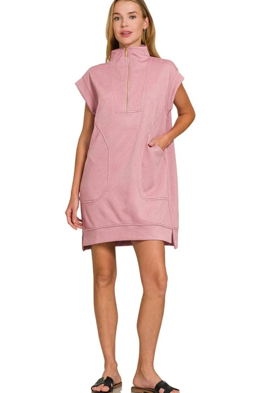 Zenana Textured Knit Jacquard Quarter Zipper Mini Dress In Lt Rose